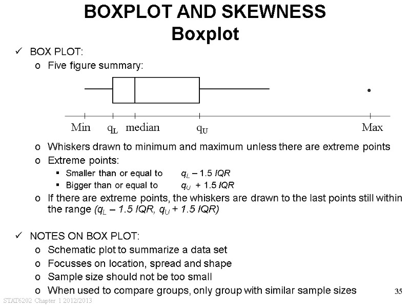 STAT6202 Chapter 1 2012/2013 35 BOXPLOT AND SKEWNESS Boxplot BOX PLOT: Five figure summary: